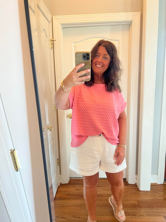 Back Button Textured Top-Coral Pink