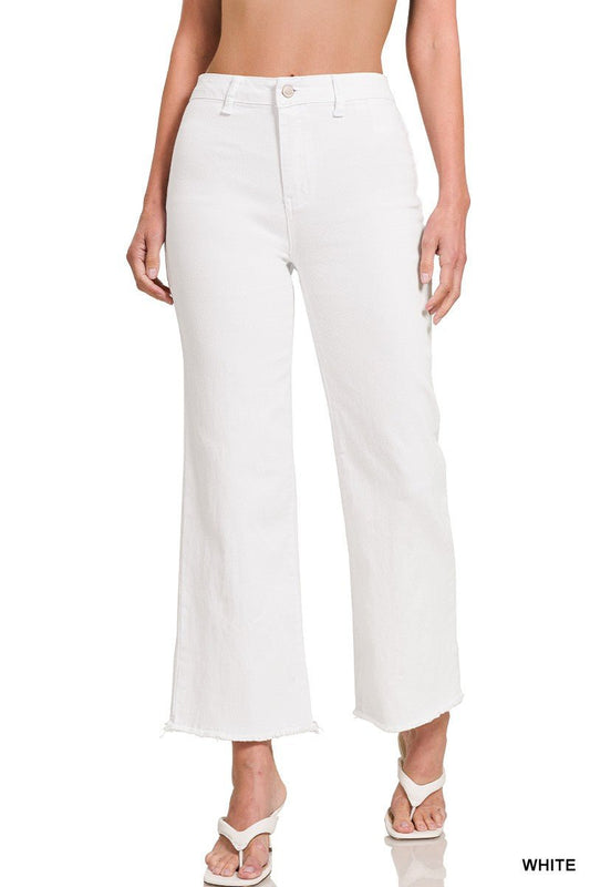 White Acid Washed Frayed Cutoff Hem Straight Wide Pants - Simply Pink Boutique