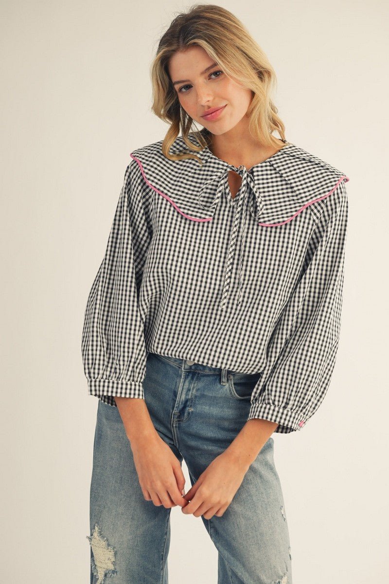 Wide Collared Gingham Top - Simply Pink Boutique
