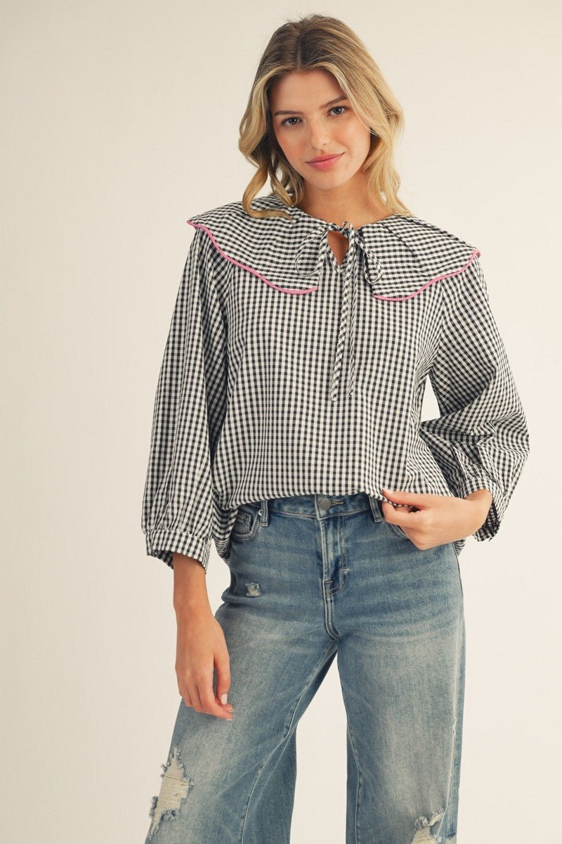Wide Collared Gingham Top - Simply Pink Boutique