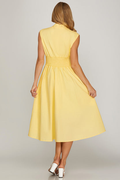 Yellow Drop Shoulder Smocked Waist Midi Dress - Simply Pink Boutique
